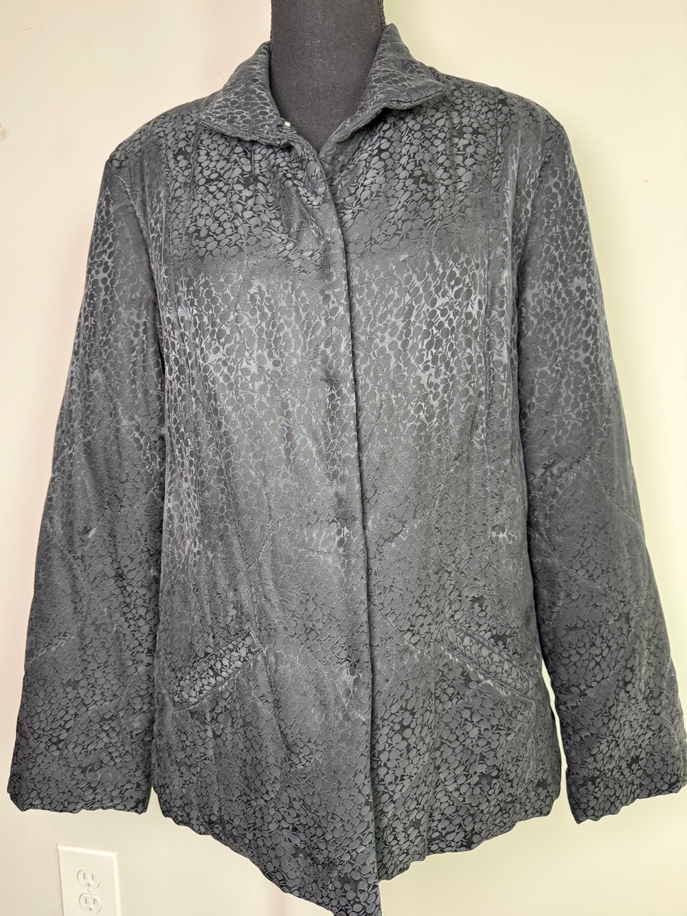 J. Jill Charcoal Black Silk Blend Jacquard Quilted Jacket Black Sz M